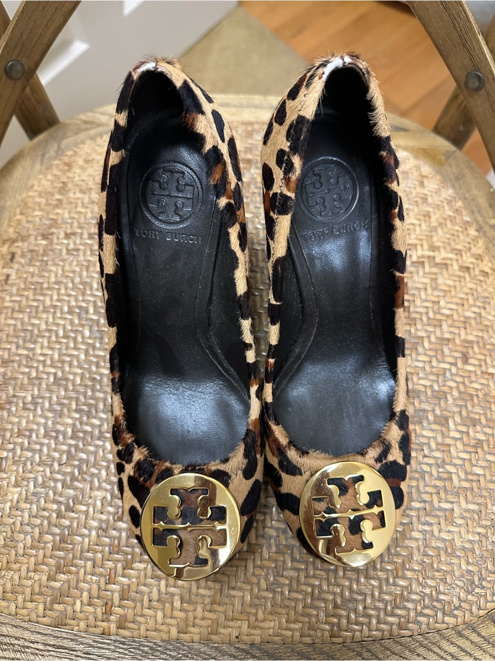 Tory Burch Leopard Print Calf Hair Wedge with Gold Logo Medallion